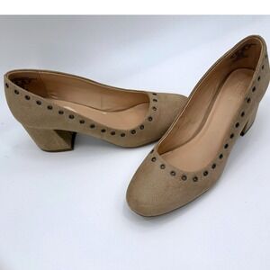 Simply Styled Tan Faux Suede Studded Block Heel Pumps Minimal Western 7.5